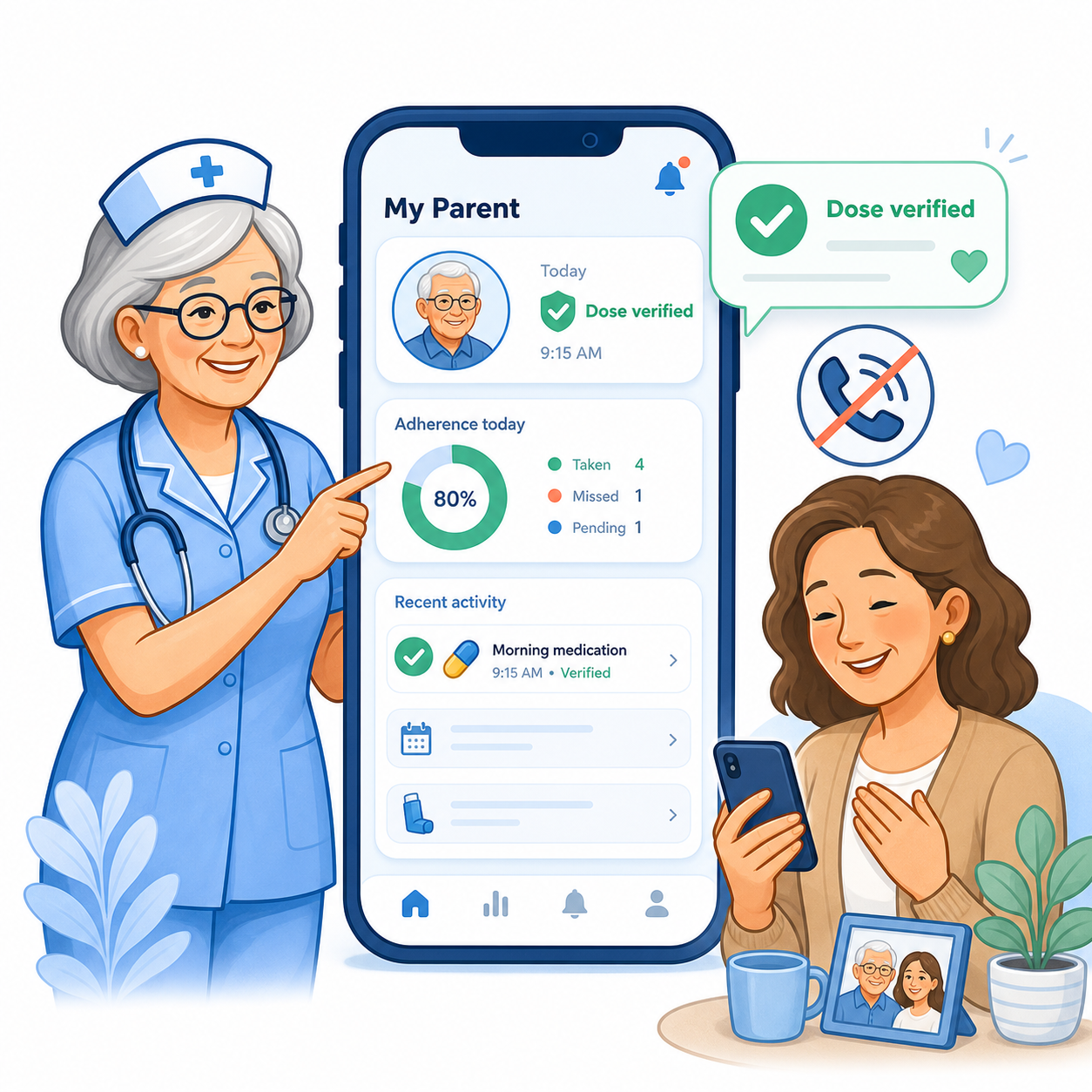 Nurse Mary showing a caregiver that a loved one's medication dose was verified without constant phone calls