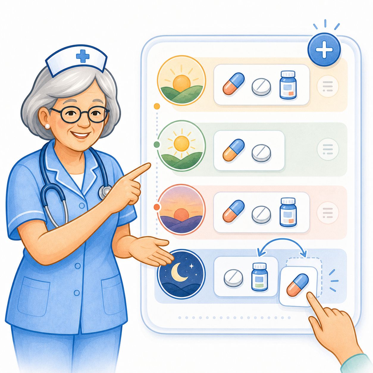 Nurse Mary explaining multi-medication schedules