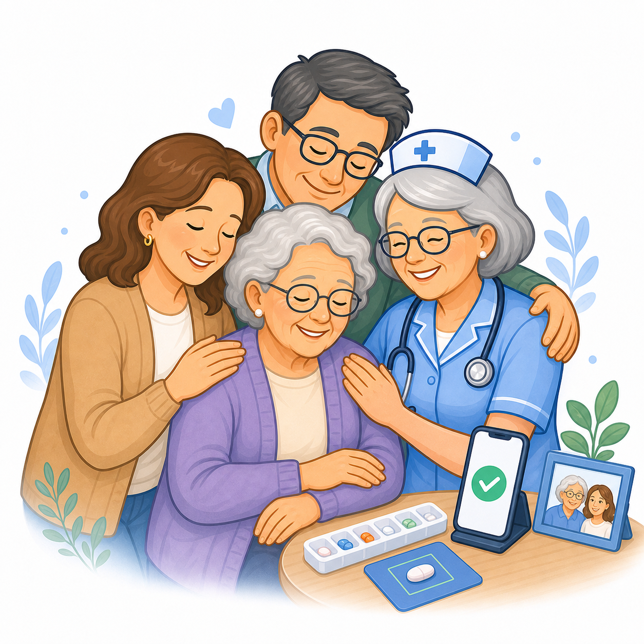 Family members and Nurse Mary hugging an elderly loved one with medication verification nearby
